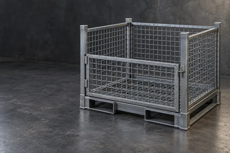 A welded steel mesh pallet cage with a front access panel and fork-entry base
