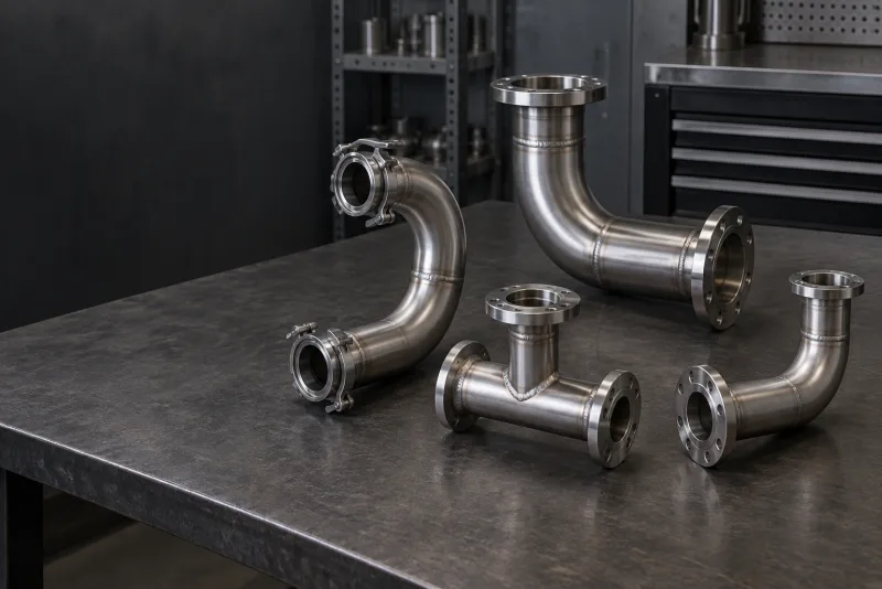 Four stainless pipe fittings and spools, including elbows and a tee with flange and clamp ends