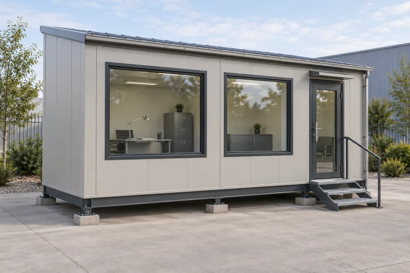 A pale-grey metal portable office with dark-framed windows, a glazed entrance and short metal access steps
