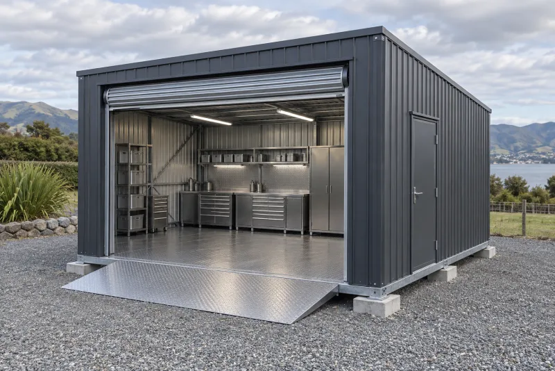 A charcoal metal portable workshop with an open roller door, fitted metal bench and cabinets, supported on concrete pads