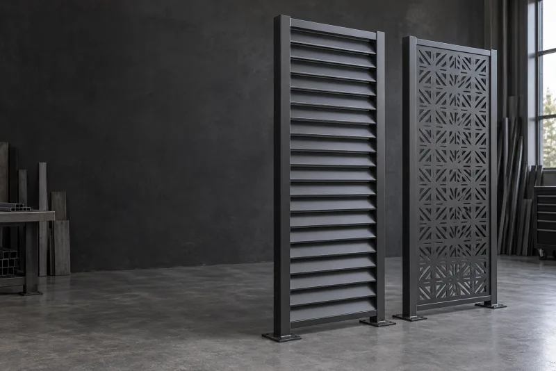 Framed metal louvre and patterned privacy screen panels