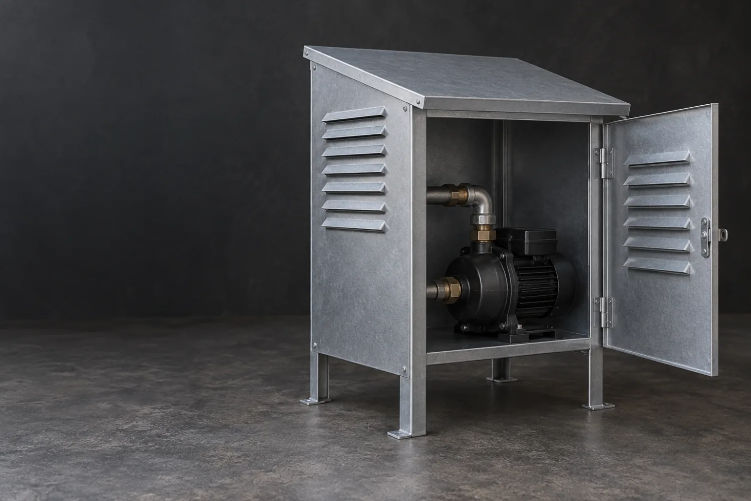 Concept illustration of a ventilated aluminium water pump cover with a removable access lid