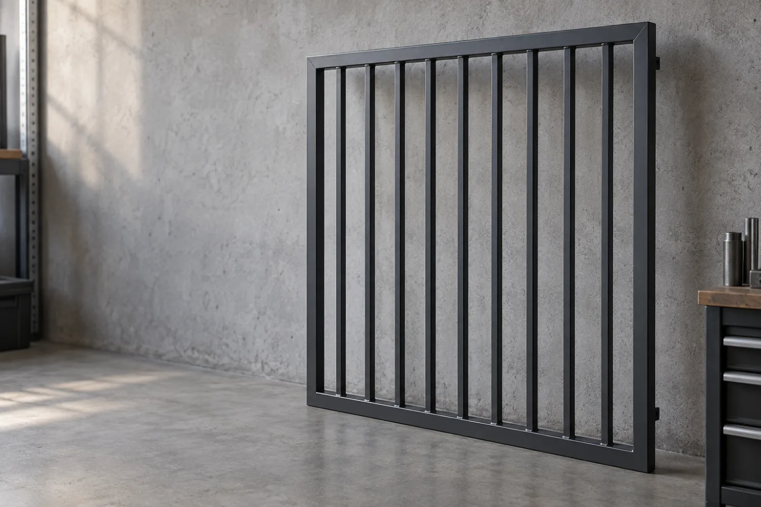 Concept illustration of a charcoal steel window grille with vertical bars and a rectangular frame