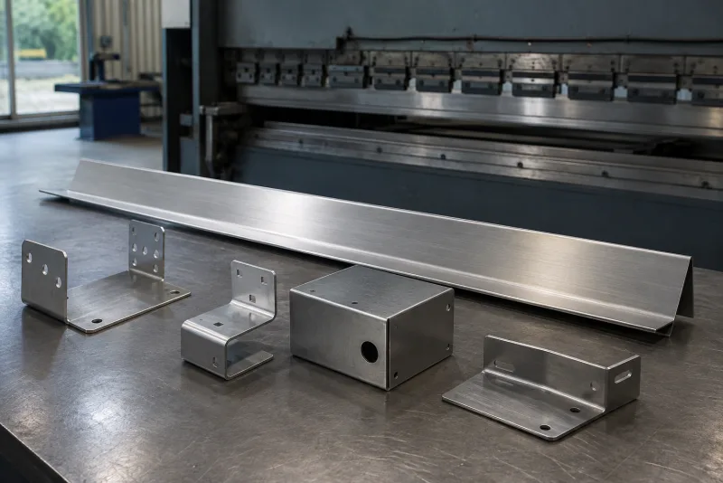 Custom folded stainless steel brackets and an enclosure made on a press brake
