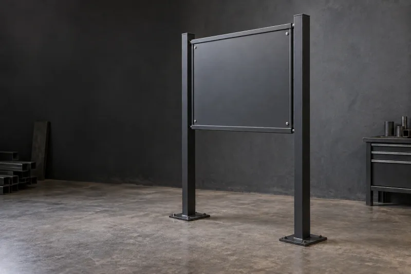 A freestanding metal sign frame with a blank face and bolted base plates