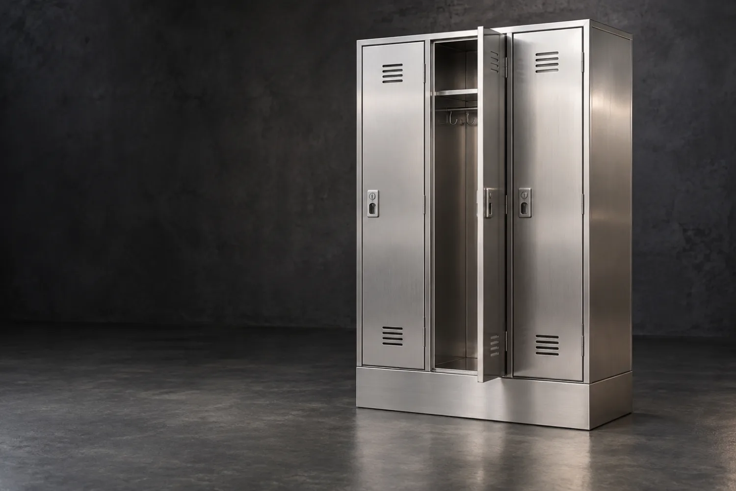Concept illustration of three full-height brushed stainless staff lockers with one open hanging compartment