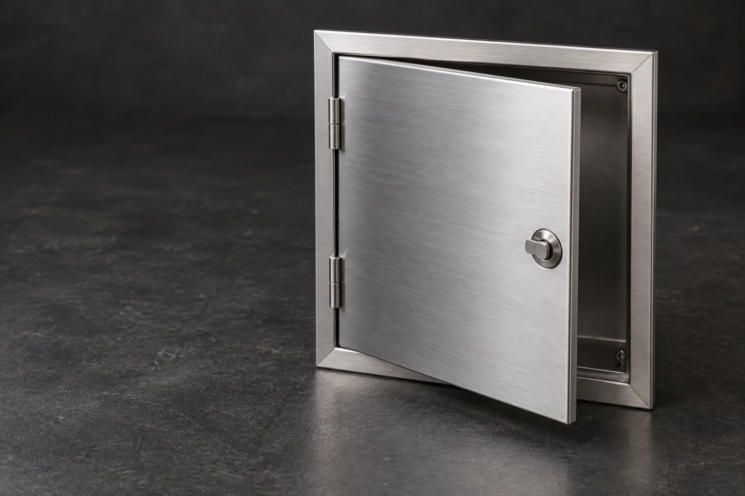 Concept illustration of a brushed stainless hinged access panel with its recessed mounting frame