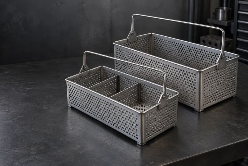 Two perforated stainless steel baskets with lifting handles, including a smaller divided basket