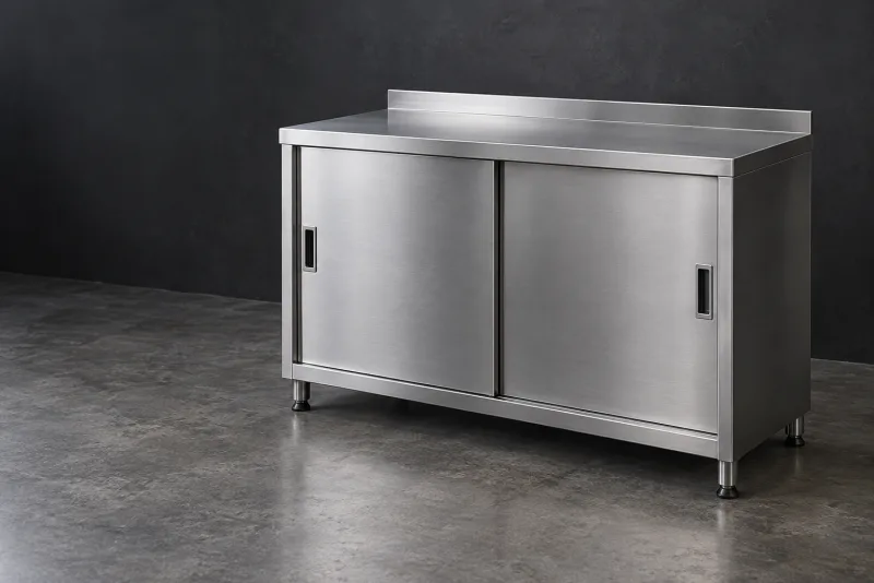 A brushed stainless storage cabinet with sliding doors