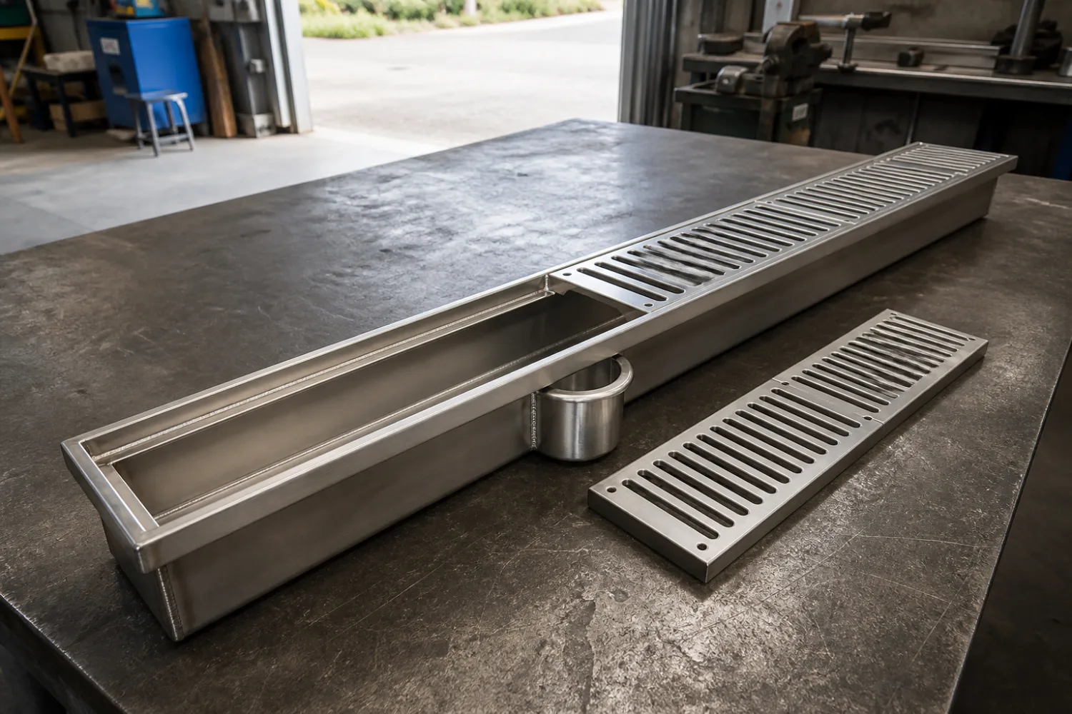Custom fabricated stainless steel channel drain with removable slotted grate sections, made by Specialised Stainless