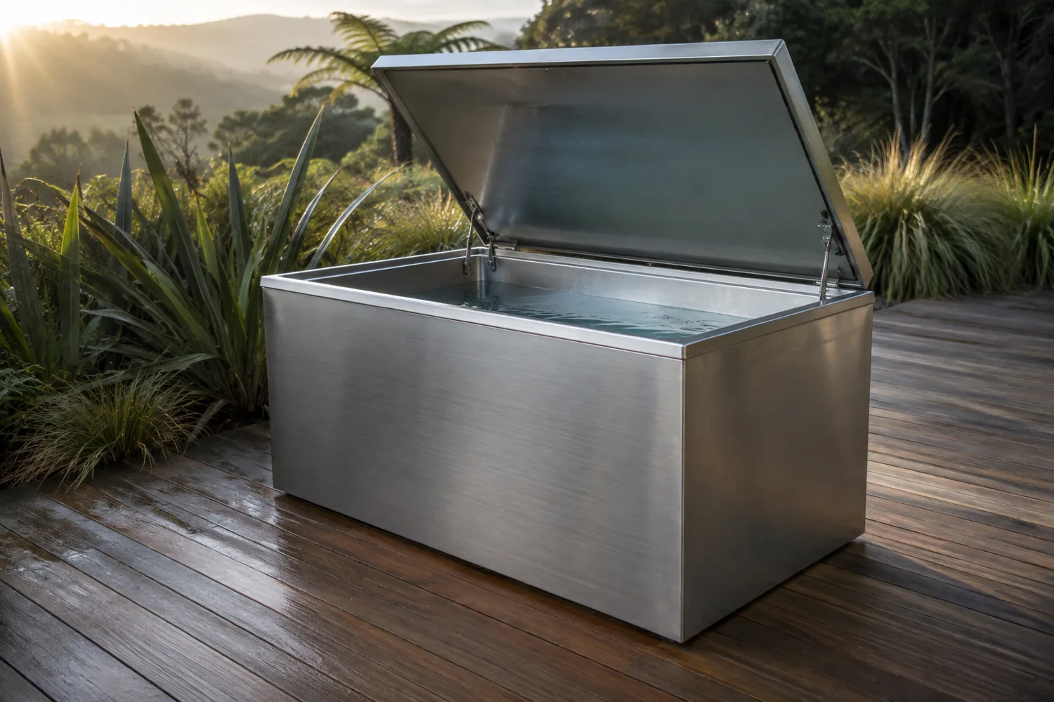 Insulated brushed stainless steel cold plunge tub with a step and lid on a timber deck