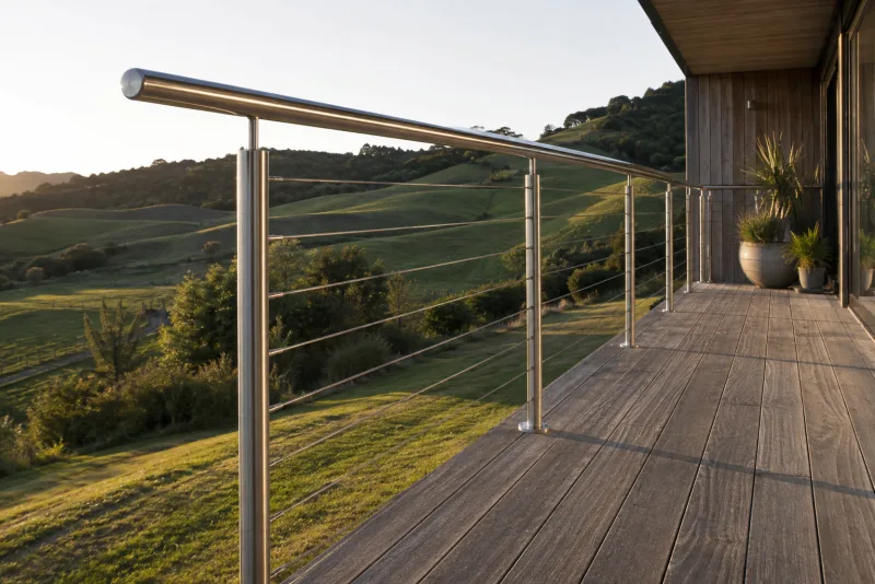 Custom 316 stainless steel deck balustrade with wire-rope infill