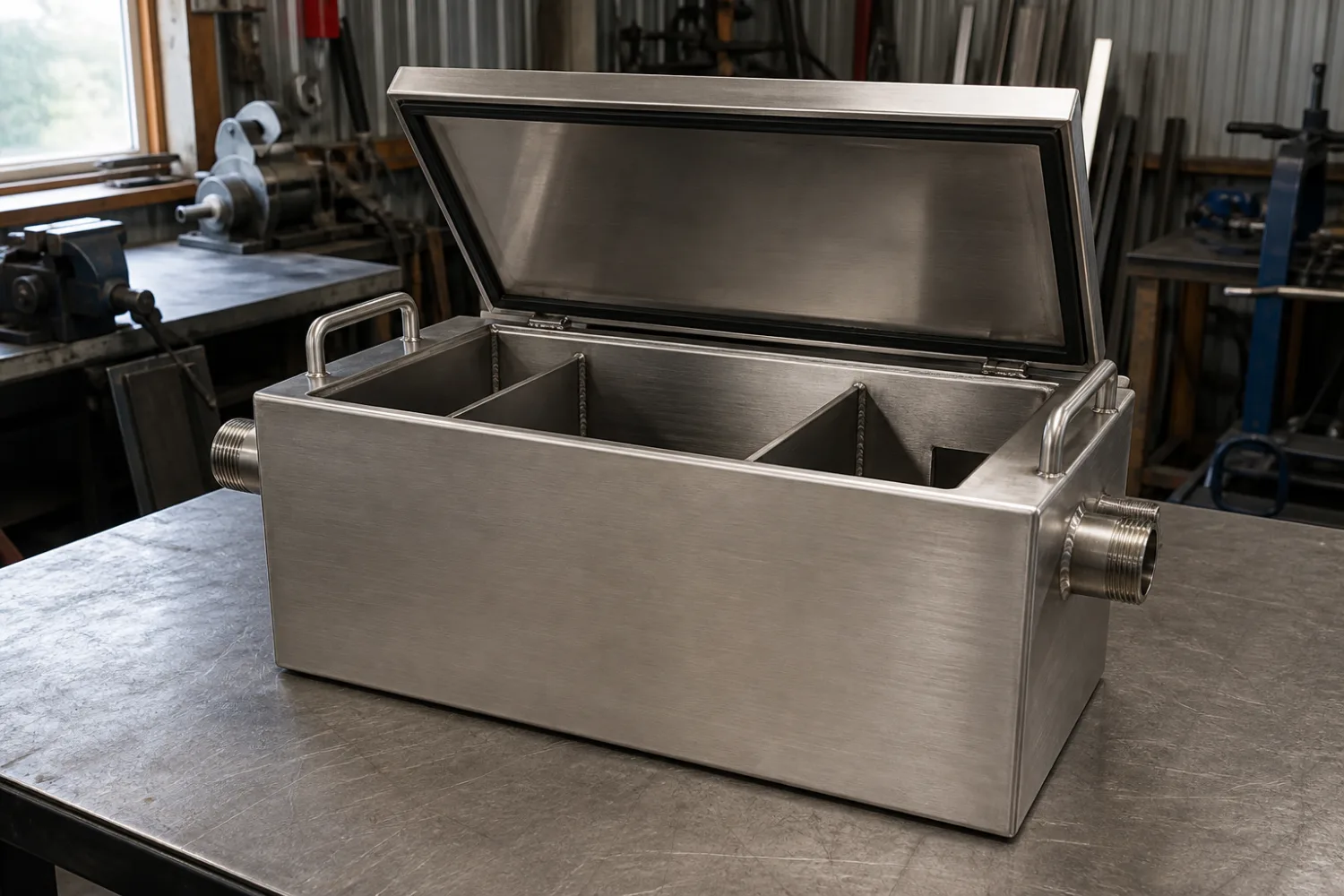 Custom fabricated stainless steel under-bench grease trap with a gasketed lid and removable baffles, made by Specialised Stainless