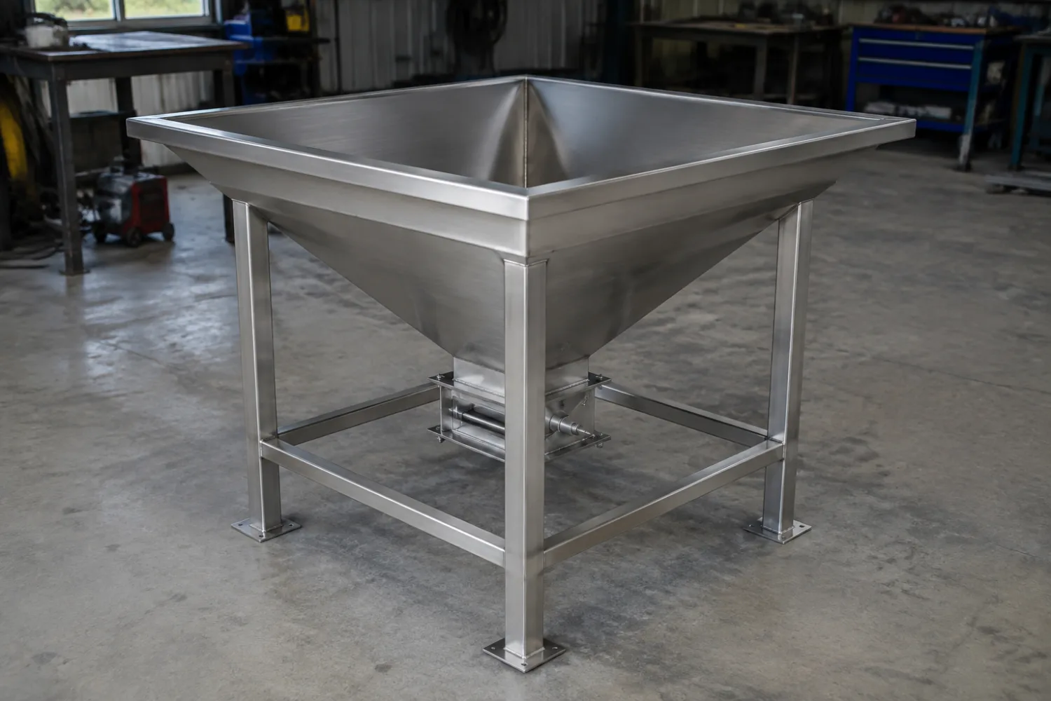 Custom fabricated stainless steel conical infeed hopper on a frame for a food processing line, made by Specialised Stainless