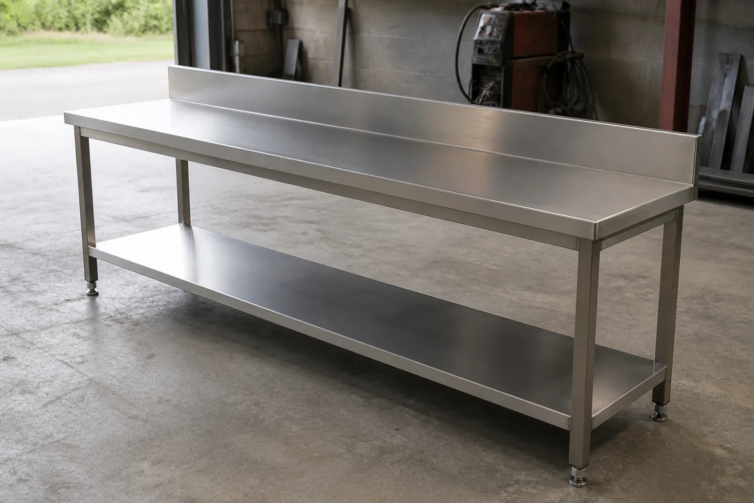 Custom stainless steel commercial kitchen bench with splashback and undershelf, fabricated by Specialised Stainless