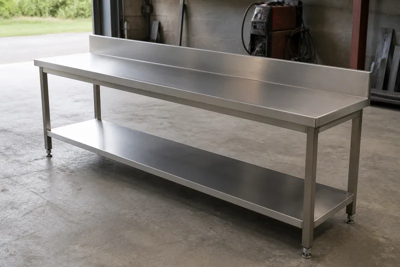 Custom stainless steel commercial kitchen bench with splashback and undershelf