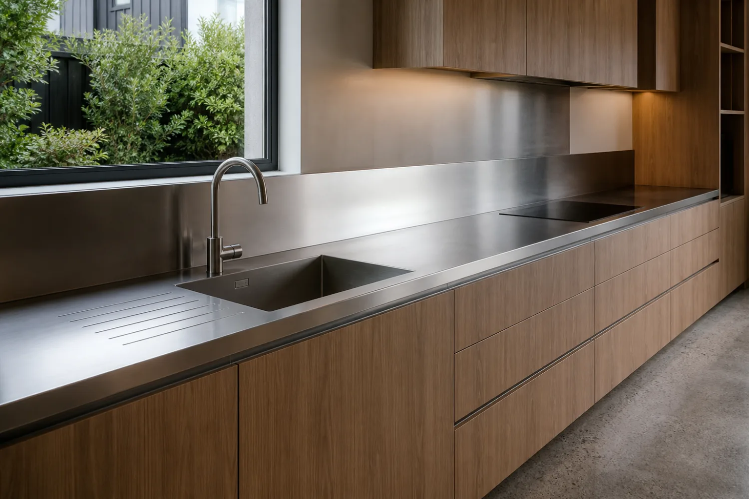 Custom stainless steel kitchen benchtop with an integrated welded sink bowl, fabricated by Specialised Stainless