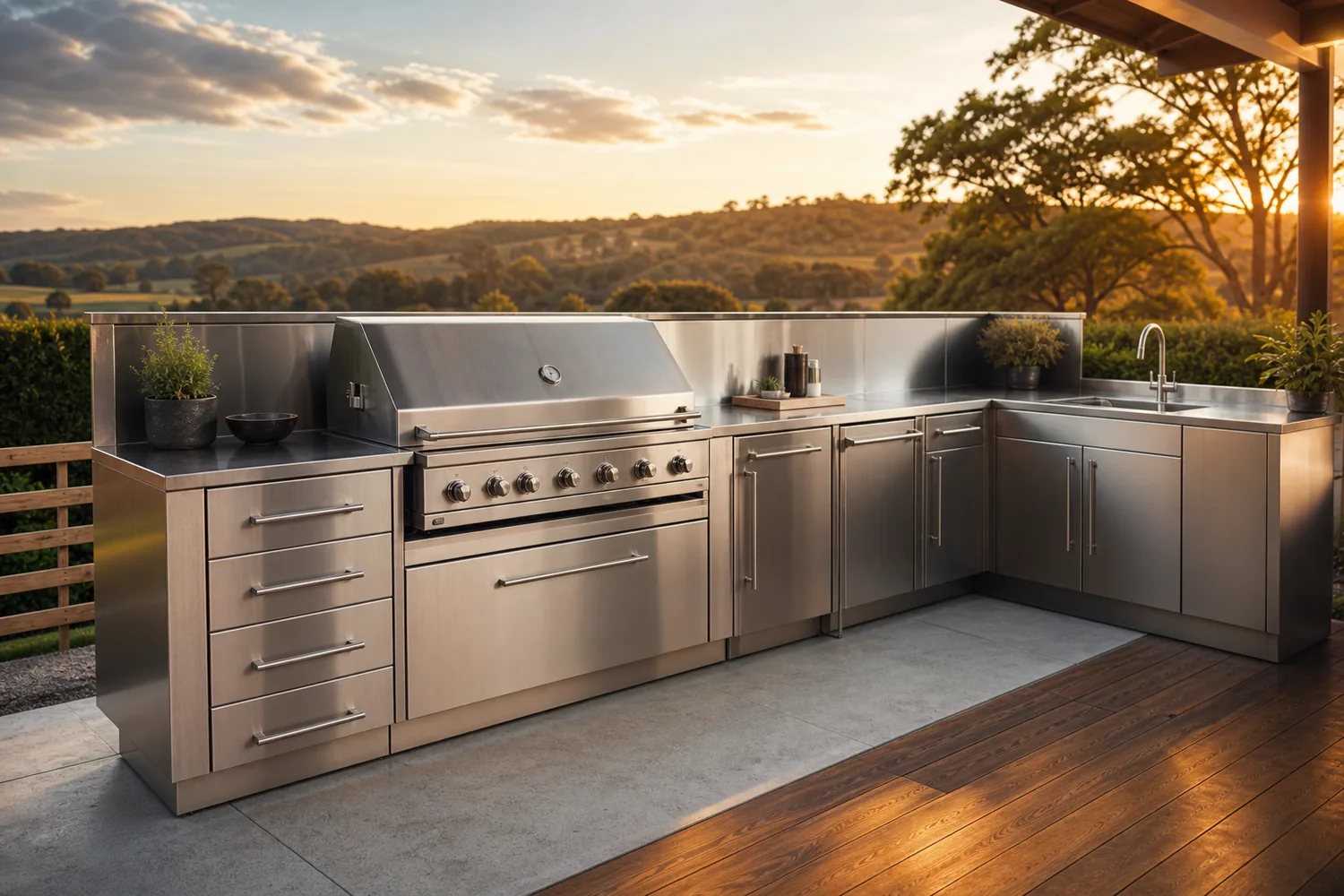 Custom 316 stainless steel outdoor kitchen with a built-in barbecue, sink and drawers under a covered patio