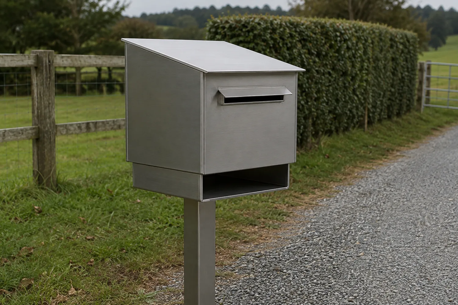 Hand-made stainless steel rural letterbox with flag on a stainless pole, fabricated by Specialised Stainless