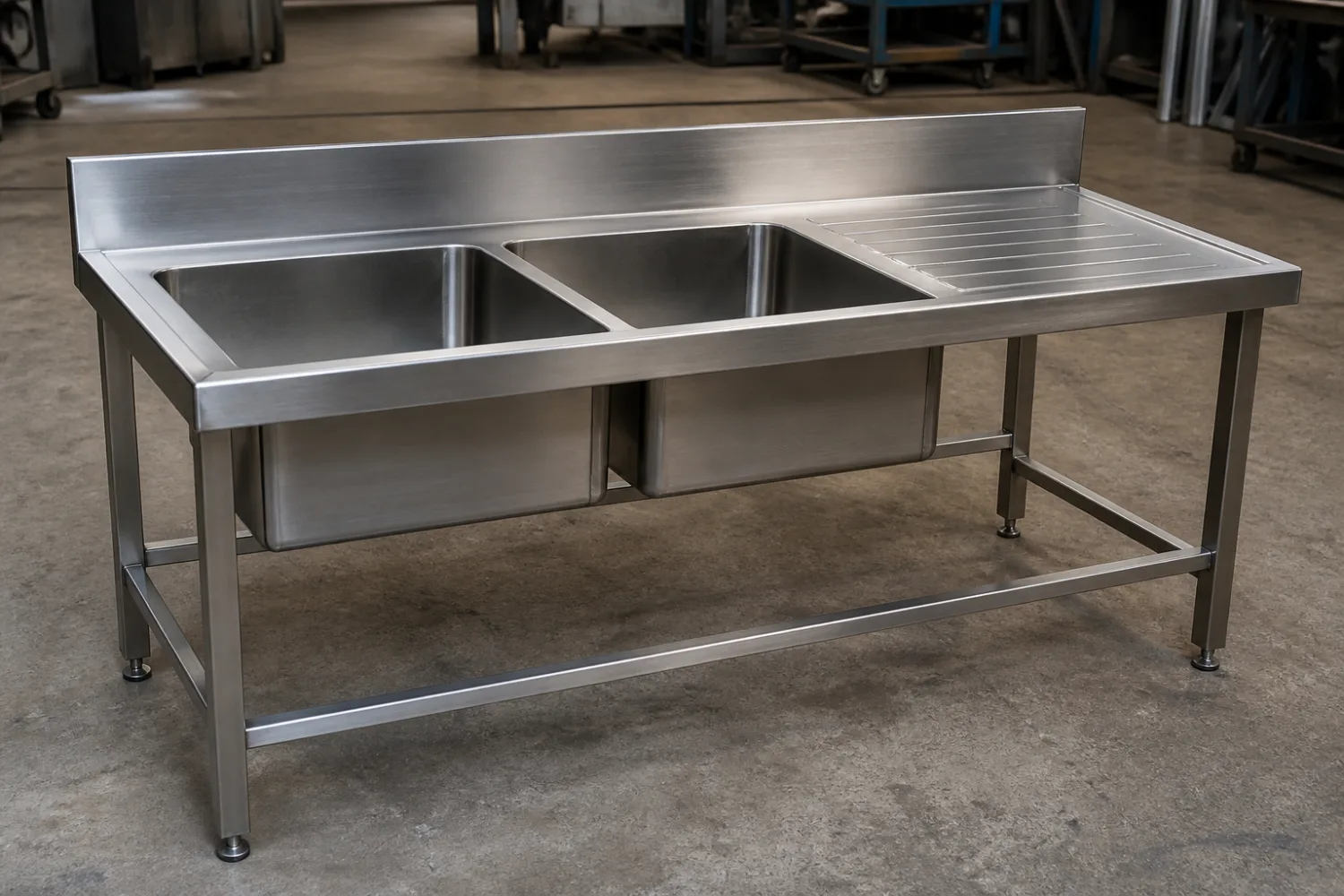 Custom double-bowl stainless steel sink bench with drainer and splashback, fabricated by Specialised Stainless