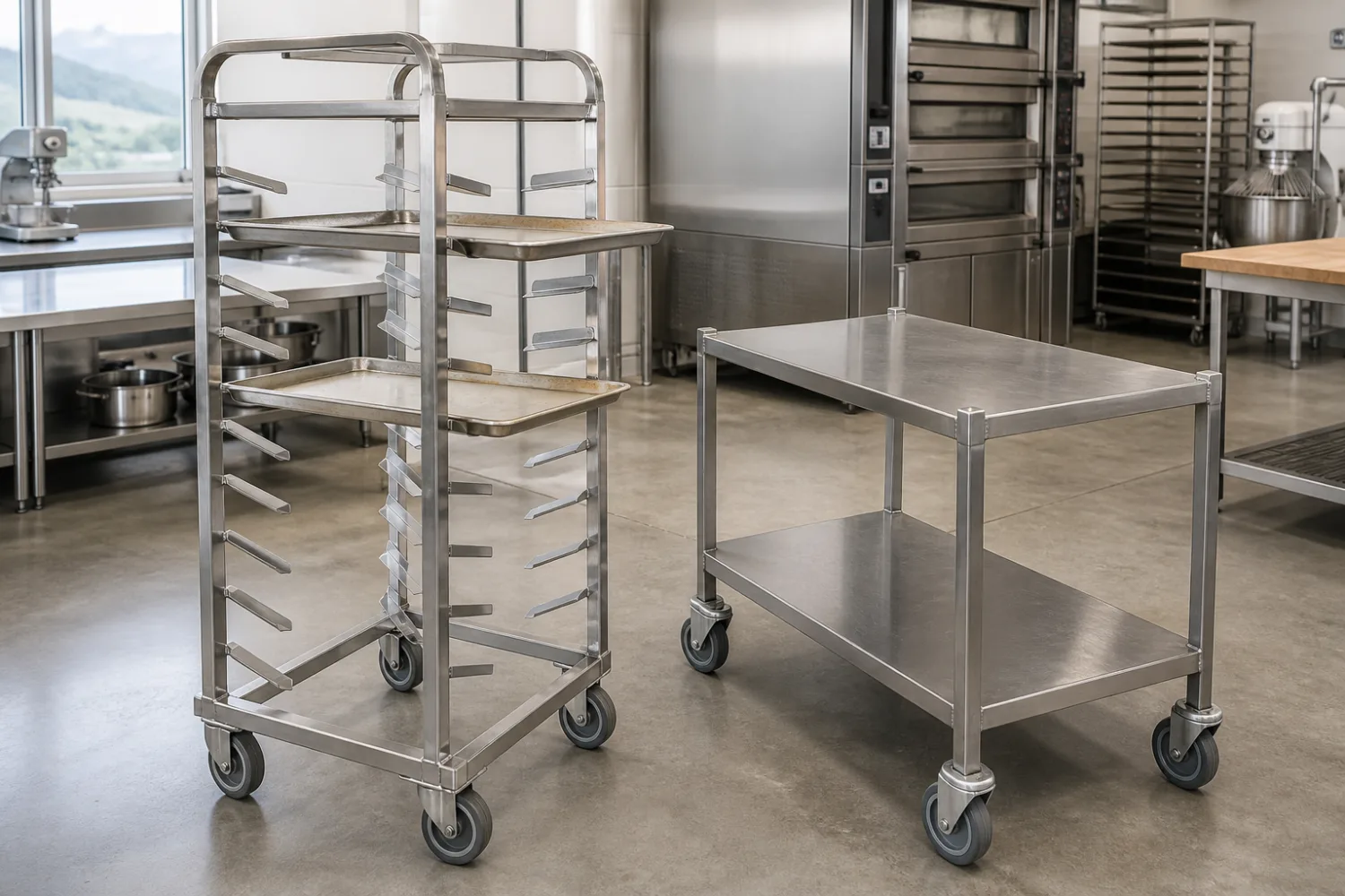Custom stainless steel tray trolley and mobile bench on castors, fabricated by Specialised Stainless