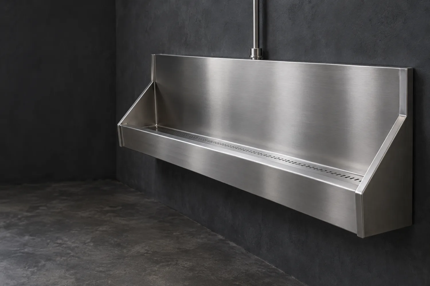 Concept illustration of a stainless wall-mounted trough urinal with a rear splash panel