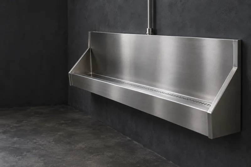 A stainless wall-mounted trough urinal with a rear splash panel