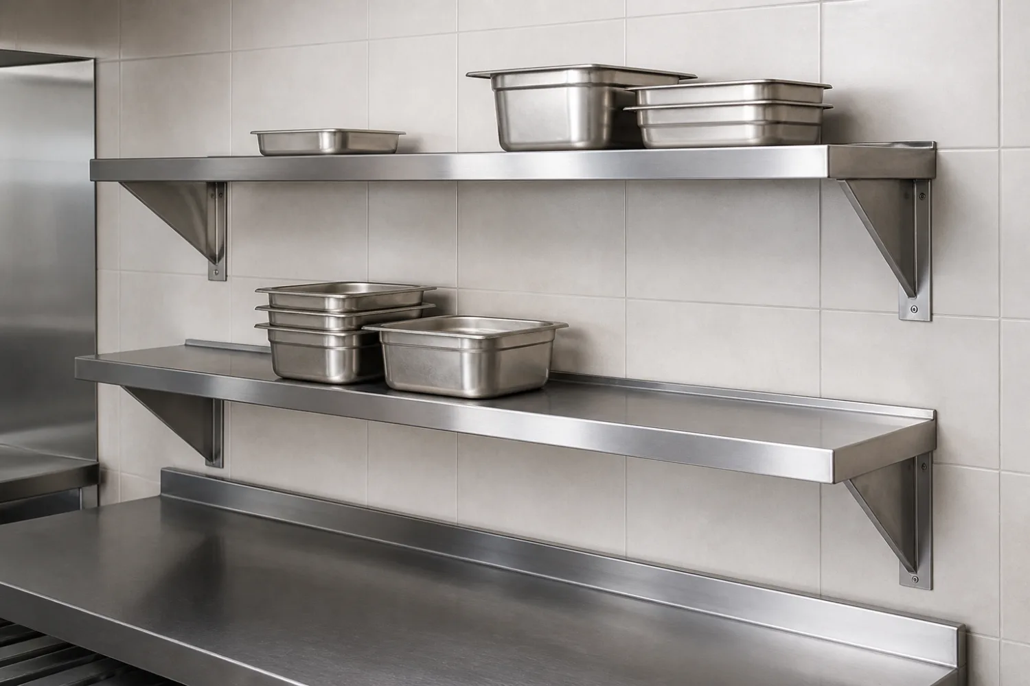 Custom stainless steel wall shelves and overshelf in a commercial kitchen, fabricated by Specialised Stainless