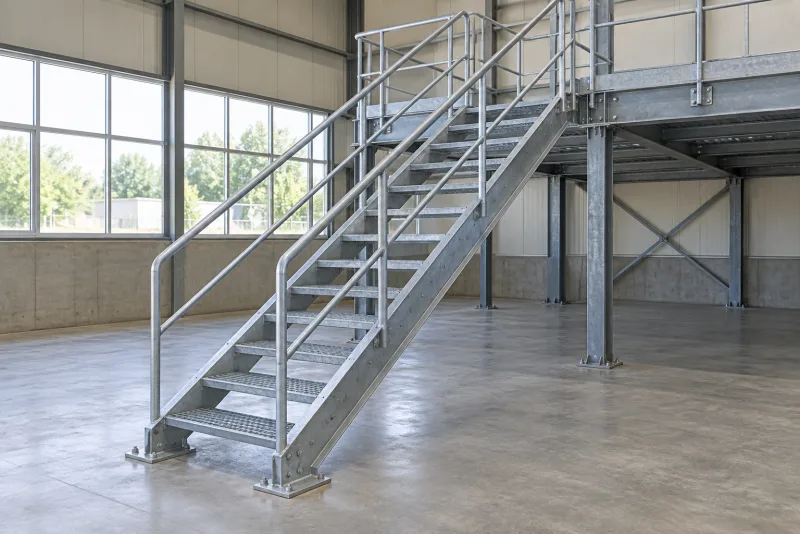 An all-metal steel staircase with grated treads, handrails and a supported mezzanine landing