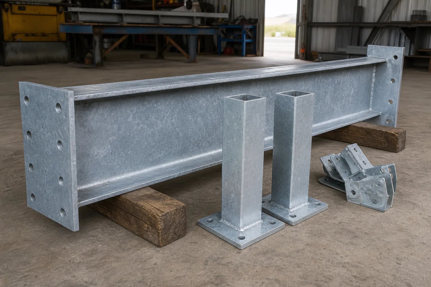 Fabricated galvanised structural steel beam with welded end plates and posts with base plates for a house renovation, made by Specialised Stainless