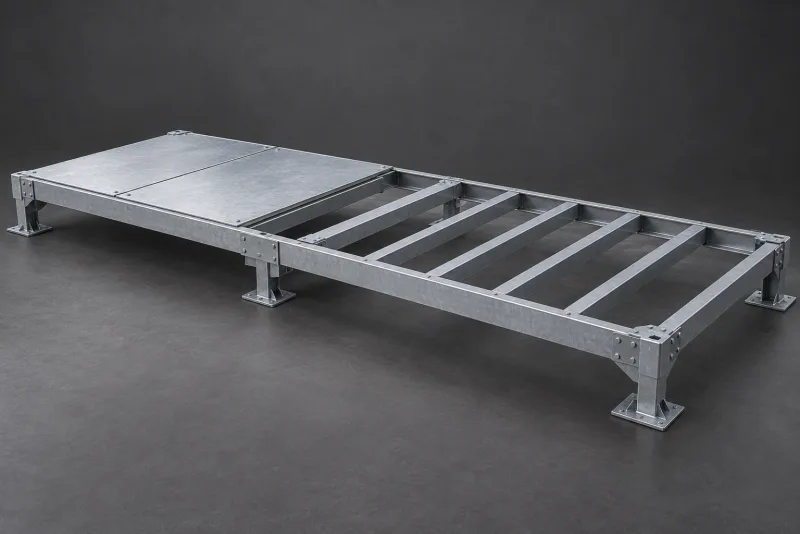 A steel building base with crossmembers, attachment brackets and metal floor panels