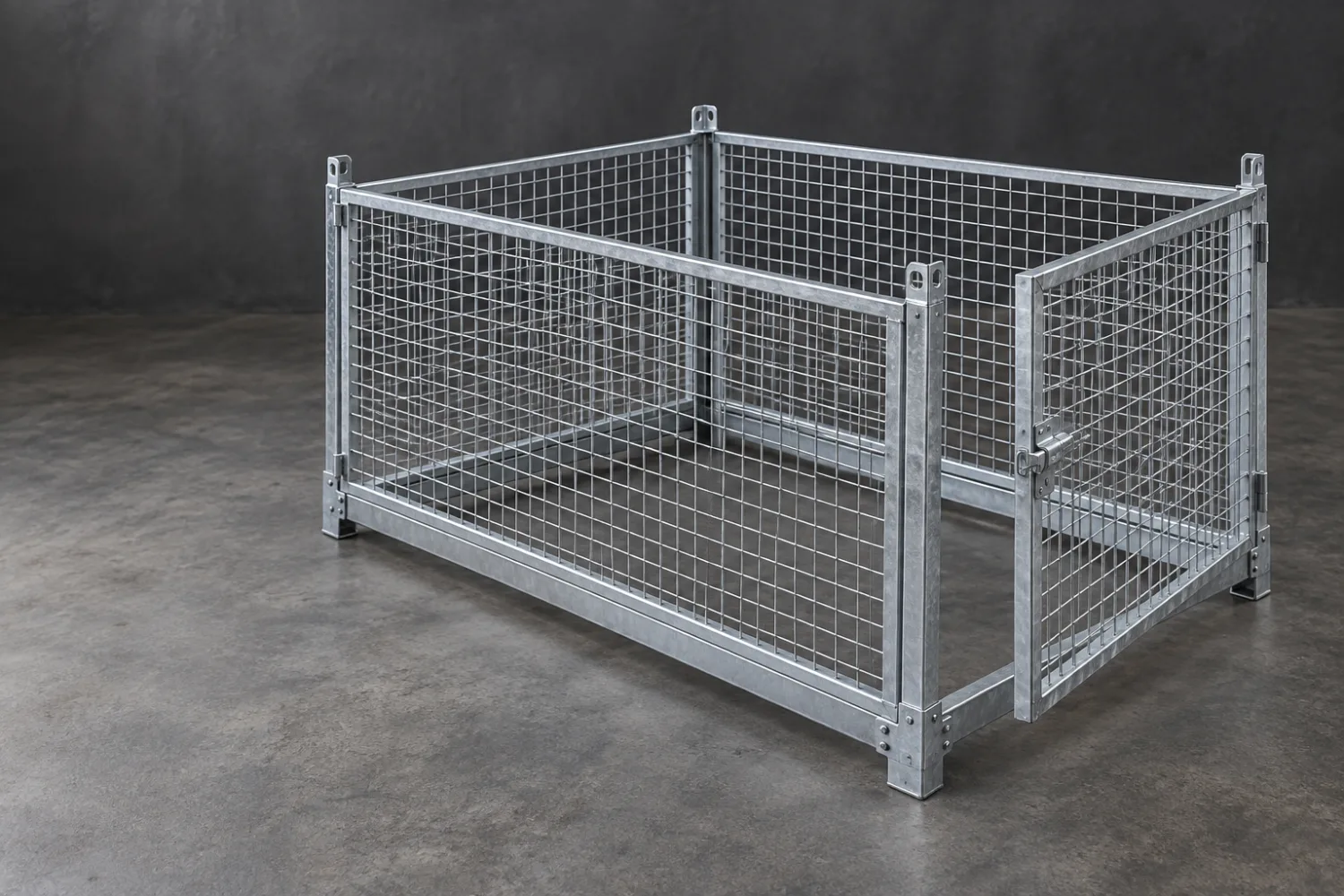 Concept illustration of a removable steel mesh trailer cage assembly with an open rear gate