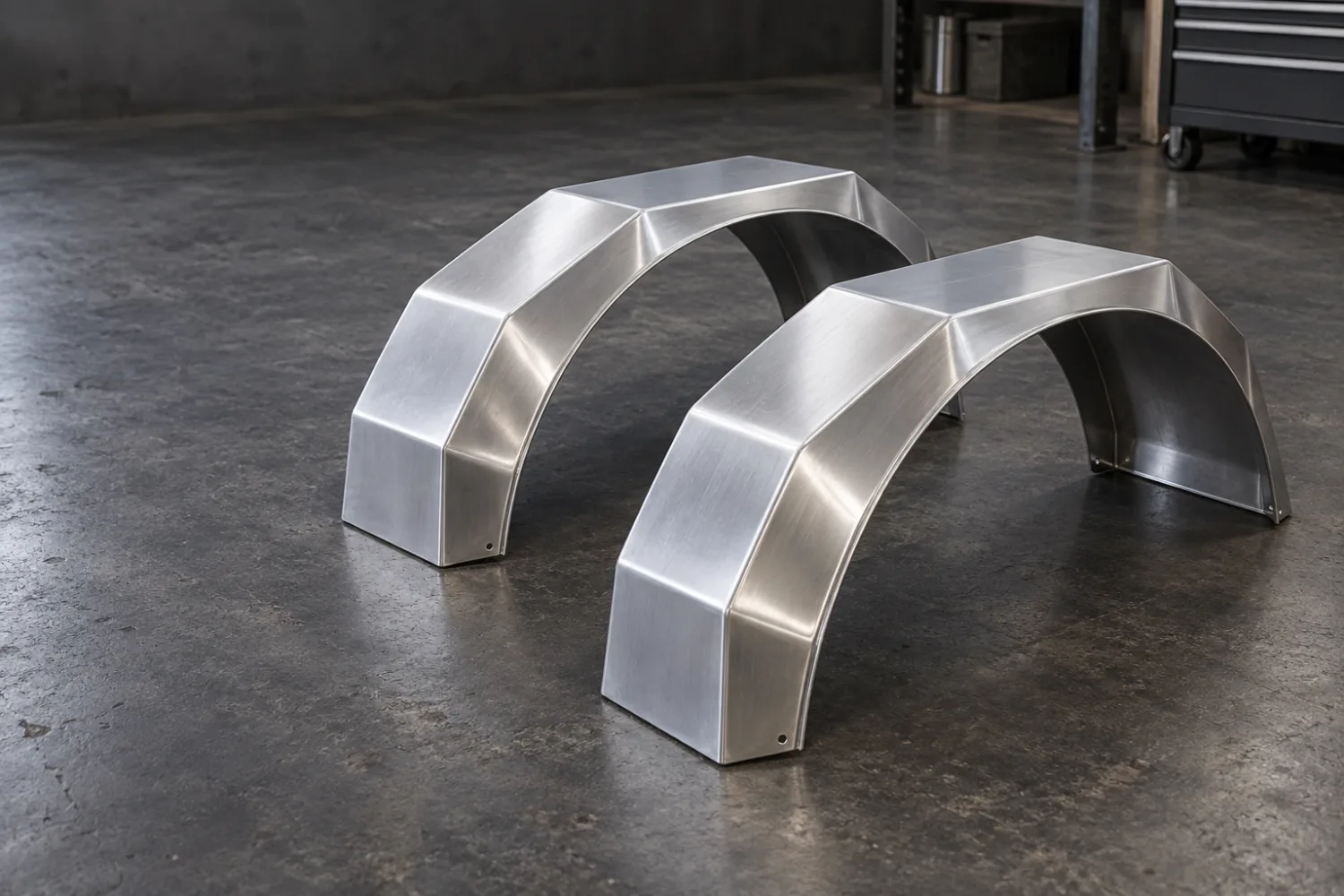 Concept illustration of a pair of folded and faceted aluminium truck mudguards