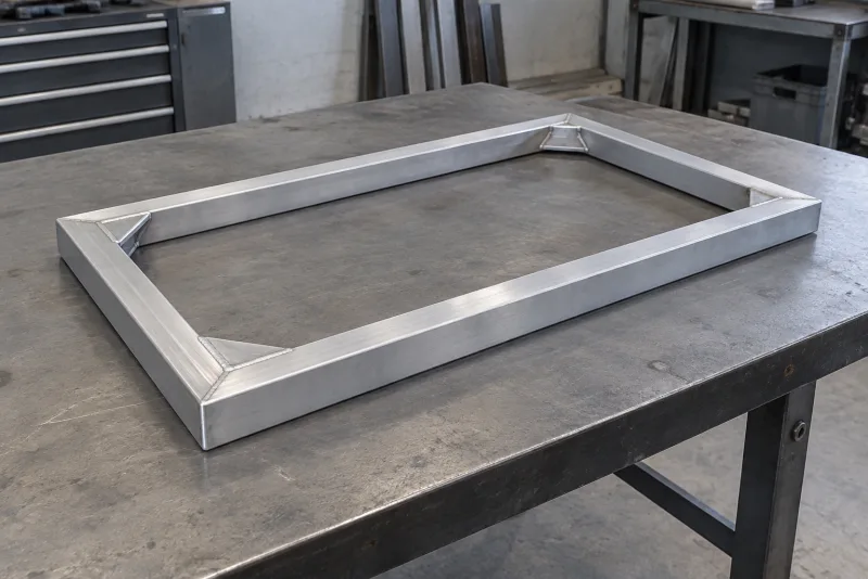 An aluminium frame repair with reinforcing corner gussets on a steel workbench
